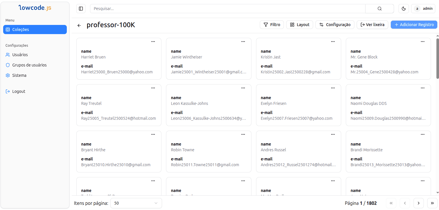 LowCodeJS Visualização Grid - Organize seus dados em um layout grid